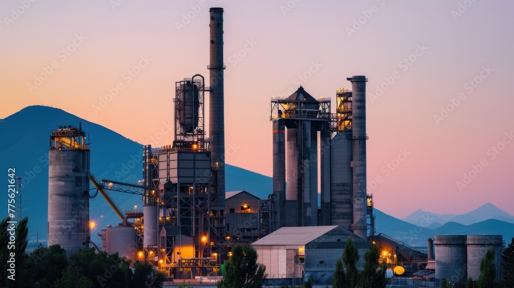 Fototapeta premium Drone view of a cement factory with a tall concrete factory structure.