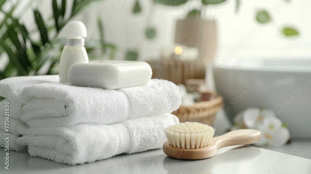The bathroom background has soap and shampoo. and towels piled on a white table The bathroom background has soap and shampoo. and towels piled on a white table