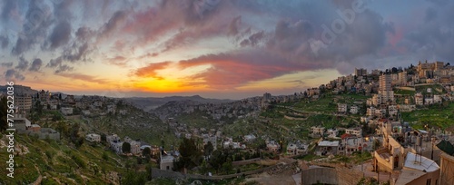 Sunrise in Israel and Palestine, a peaceful landscape at dawn. night lights in old historical biblical city Bethlehem in palestine region in Israel. Bethlehem city at the morning. photo