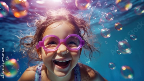 Cheerful little girl with pigtails swims underwater in the pool © ORG