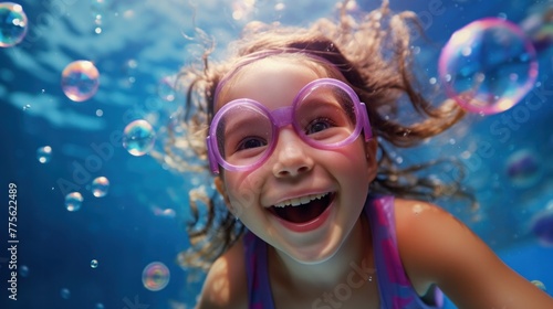Cheerful little girl with pigtails swims underwater in the pool