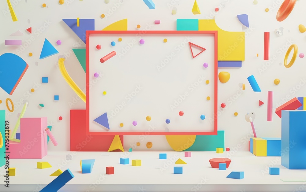 A whiteboard with a colorful frame of shapes in the middle of the design with a scattering of square and triangle color shapes and a completely white background A whiteboard with a colorful frame of shapes in the middle of the design with a scattering of square and triangle color shapes and a completely white background
