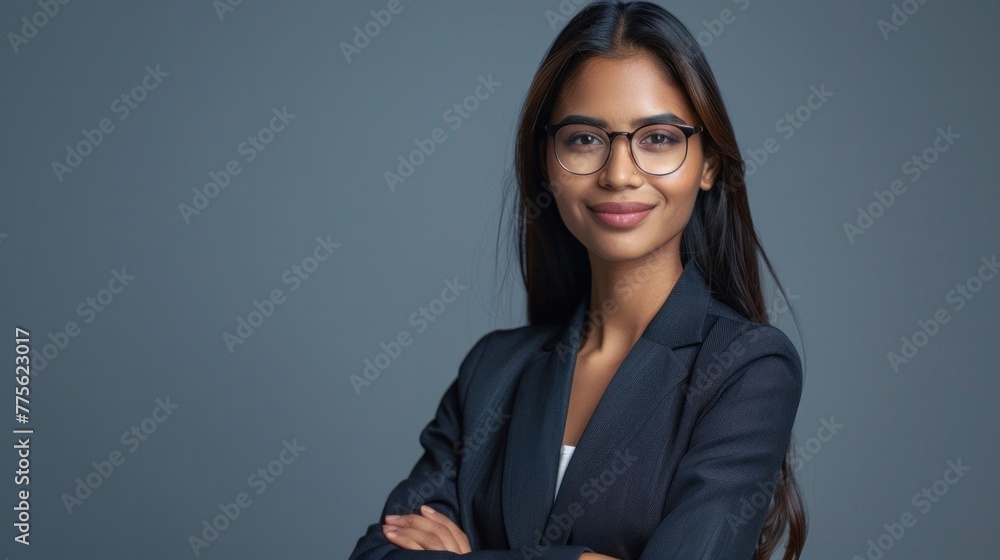 Confident smile of elegant Indian businesswoman wearing suit glasses looking at camera Confident smile of elegant Indian businesswoman wearing suit glasses looking at camera