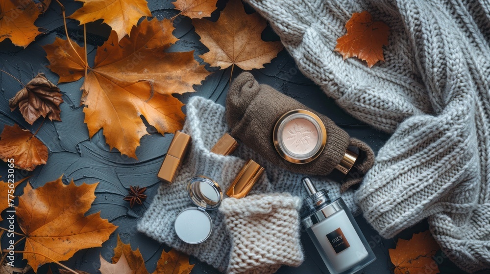 Cosmetic products with fabric and accessories on autumn background