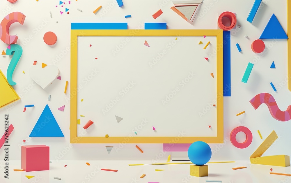 A whiteboard with a colorful frame of shapes in the middle of the design with a scattering of square and triangle color shapes and a completely white background A whiteboard with a colorful frame of shapes in the middle of the design with a scattering of square and triangle color shapes and a completely white background
