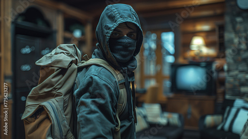 A robber man in a hooded jacket and face mask holds a bag full of cash, their eyes conveying a sense of mystery and urgency in a house living room.