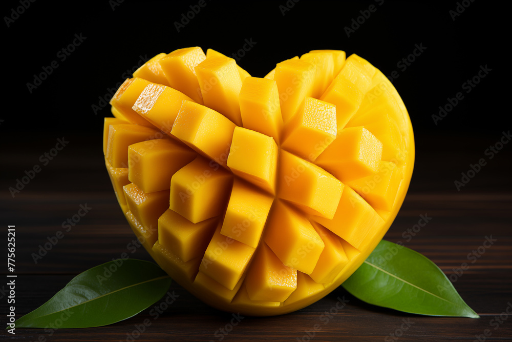 Sliced mango fruit in the shape of a heart on a dark background