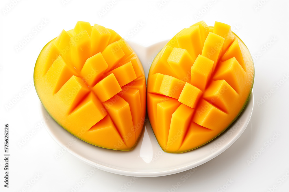 Sliced mango fruit in the shape of a heart on a white background Sliced mango fruit in the shape of a heart on a white background