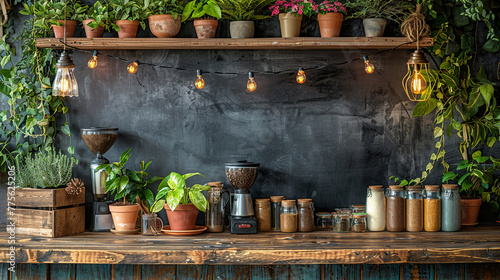 Rustic cafe interior  chalkboard  decorative plants. Copy space