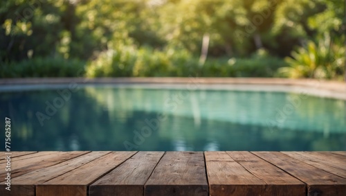 empty wooden table with blurred summer background