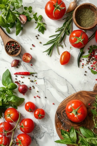 Food cooking background on white stone table. Fresh vegetables,