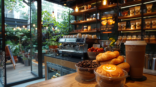 Cozy coffee shop setup with fresh pastries and modern decor. Kafe aesthetic. Selective focus photo