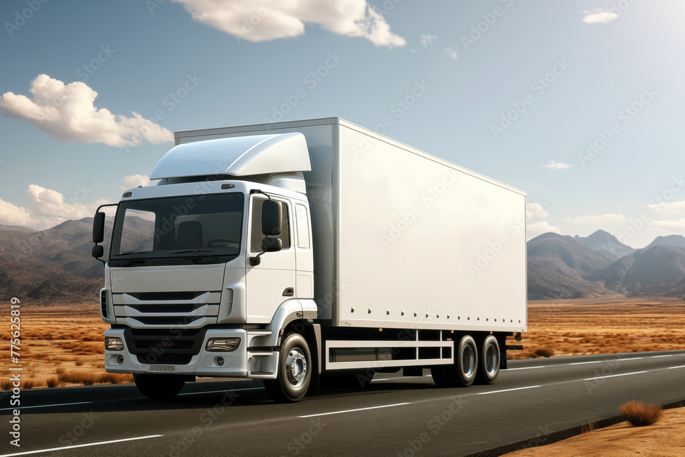 Delivery cargo truck with long empty trailer with mockup space on highway