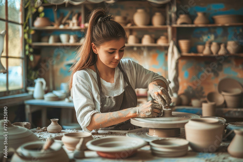 Young female ceramist create pottery sculpture with hands on a pottery wheel from grey clay. Ceramics store, small business. Beautiful female potter wearing apron working in pottery. Workshop, hobby