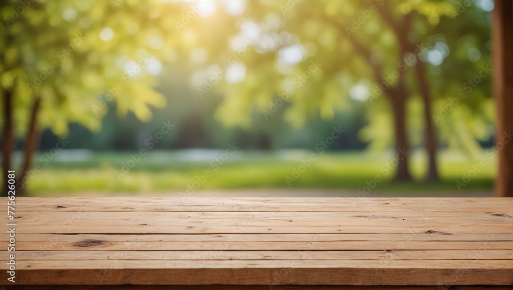 empty wooden table with blurred summer background empty wooden table with blurred summer background