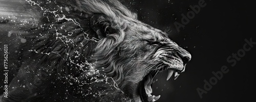 Aggressive lion head detail in black and white color. Detail of Lions head on wide bacground © Filip