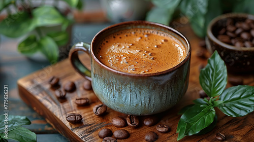 Aesthetic coffee cup, wooden board, fresh beans photo