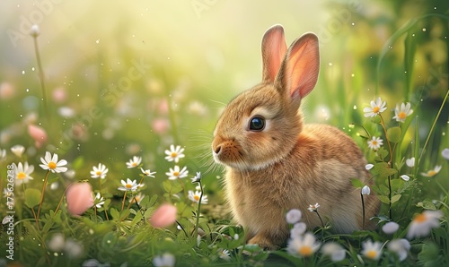 Cute rabbit on green grass in spring background. Rabbit in wild flowers. wide banner