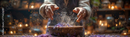 Potion masters hands grinding magical herbs photo