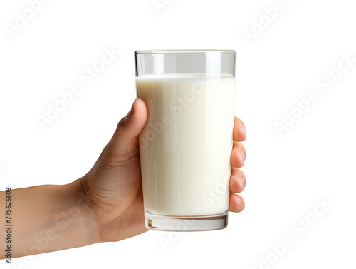 Hand holding a glass of fresh milk isolated on transparent background, PNG available