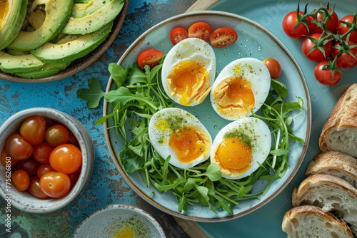 Healthy breakfast setup with soft-boiled eggs, avocado, and fresh greens