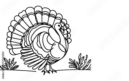 Continuous one line art drawing turkey cartoon outline doodle linear thanksgiving concept vector on white background