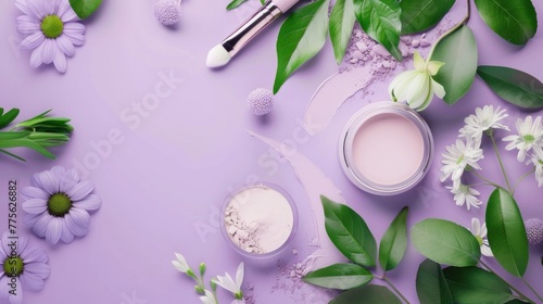 Make professional cosmetics on pastel purple background.