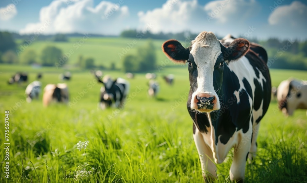 Cows on the green grass in sunny day. banner. Cows on the green grass in sunny day. banner.
