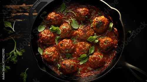 Meatballs in tomato sauce in the skillet Meatballs in tomato sauce in the skillet at dark table. Flat lay image. photo