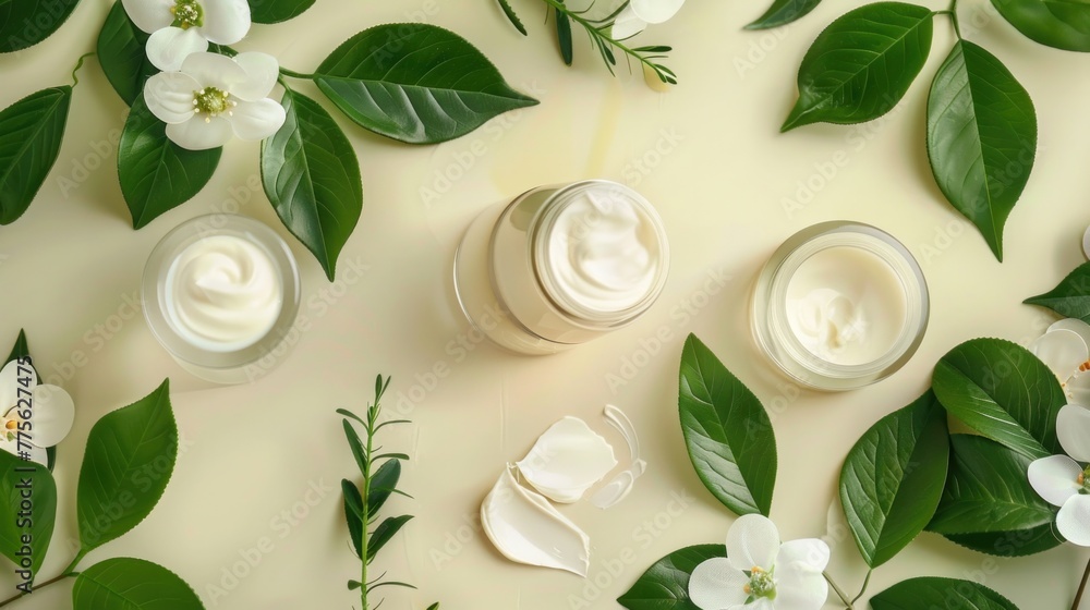Natural cosmetic products. Cream, serum, tonic with green Natural cosmetic products. Cream, serum, tonic with green