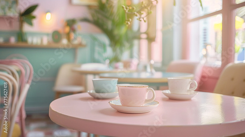 Cozy cafe aesthetic interior, stylish pink and blue decor, warm lighting