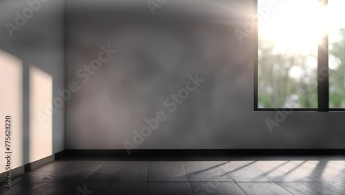 Modern wood stand for displaying products, filtered sunlight, natural world outside.
