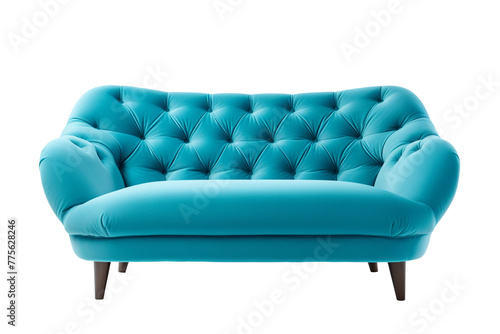 Modern blue sofa isolated on transparent background, PNG available