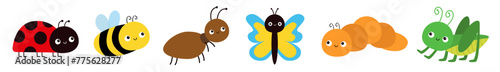 Insect set line. Ladybug, ladybird, bee, ant, butterfly, caterpillar, grasshopper. Cute cartoon kawaii funny baby character. Childish style. White background Isolated. Flat design. Vector illustration