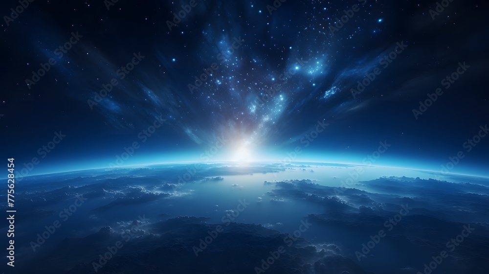 view of the earth from space, blue glowing light at center horizon line, dark sky, stars, cinematic. For Design, Background, Cover, Poster, Banner, PPT, KV design, Wallpaper