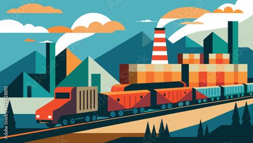 A closeup of a freight train ping through an industrial landscape symbolizing the increased use of rail transportation in reshoring and the