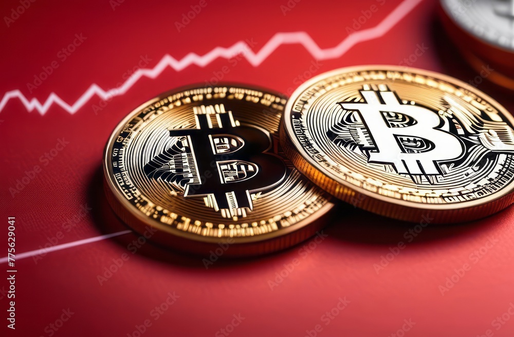 Close-up of single gold Bitcoin coin on red background. Crypto currency banner with copy space. Bitcoin coin with space for text on red background. BTC