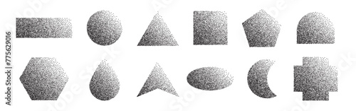 Dotted halftone geometric shapes set. Sand effect stipple dotwork collection. Dust grainy texture