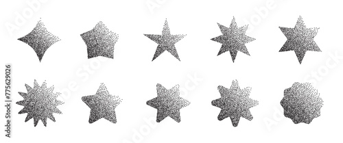 Grainy gradient star set. Stipple dots halftone starburst shape collection.
