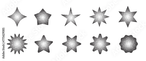 Grainy gradient star set. Stipple dots halftone starburst shape collection.