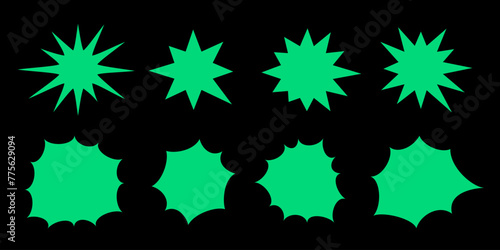 Random star shapes set. Collection of colorful starburst. Bright irregular sparks and twinkles set.