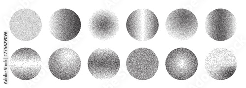Grainy gradient sphere collection. Dotwork noise circle set