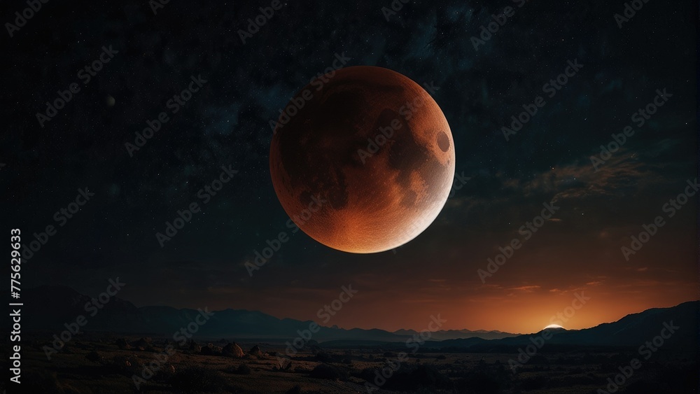 Lunar Eclipse Dramatic Moon Background in Dark Night Planetary Landscape
