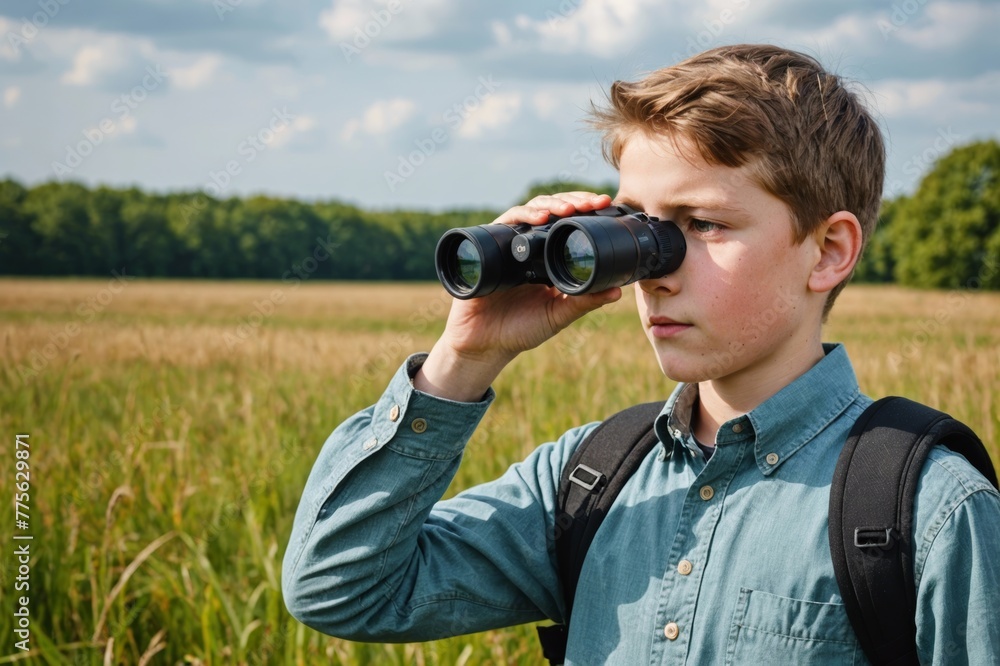 Curious student with binoculars on field trip Curious student with binoculars on field trip