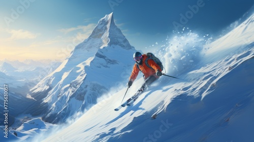 Men ski down mountain slope in winter 