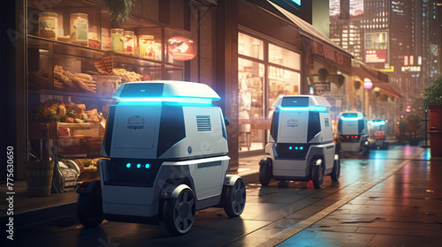 Unmanned delivery robots on the streets of the metropolis Future delivery concept, innovative technologies, ecological transport