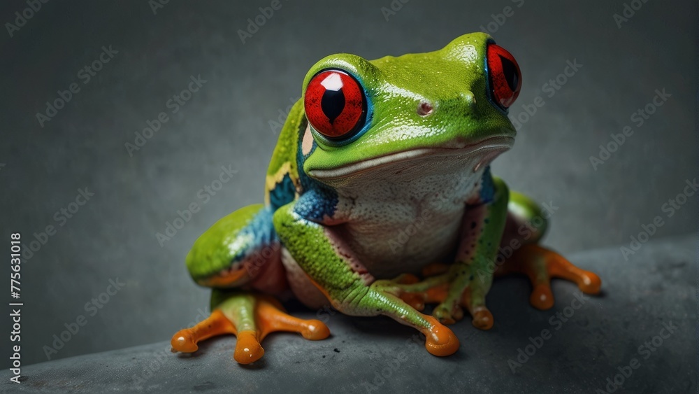 Fototapeta premium Cheerful Observer Red-Eyed Tree Frog against Simple Background