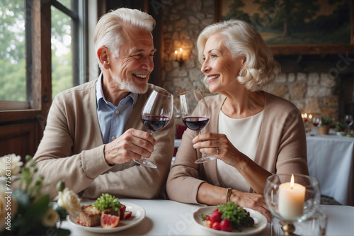 A happy elderly couple is toasting with glasses of wine in a fine restaurant setting. They are enjoying a fine dining experience complete with beautifully presented plates of food in a warm ambiance.