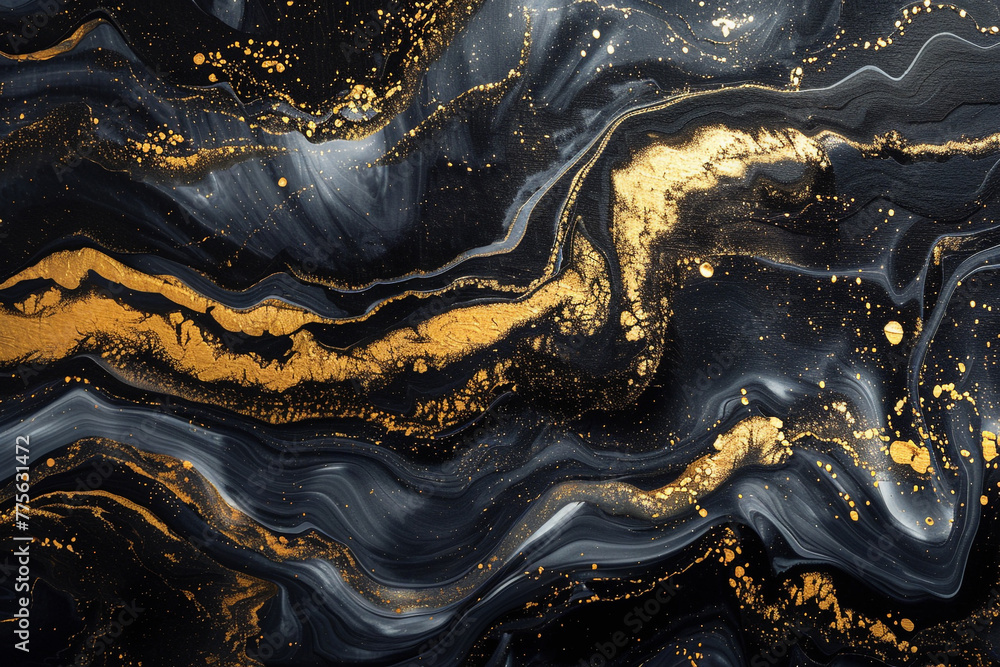 lavish abstract fluid art painting with black and gold background liquid ink style. lavish abstract fluid art painting with black and gold background liquid ink style.