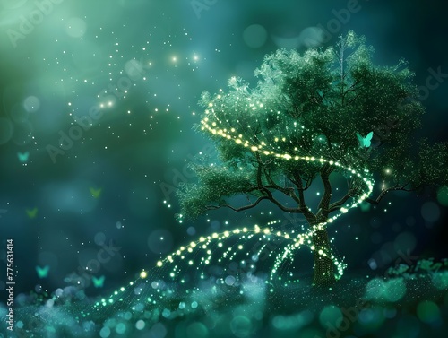 Shimmering Biotechnology Concept with Luminous Digital Tree on Vibrant Background